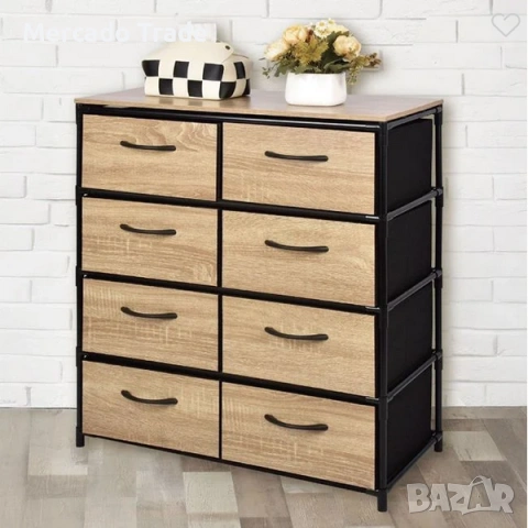 Декоративен шкаф, 8 отделения, Текстилен, С дървена предна част, Кафяв