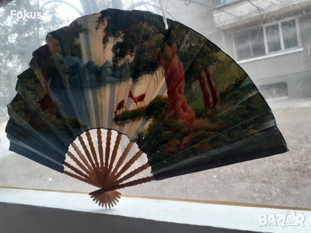 Огромно старо ръчно рисувано ветрило картина масло на платно, снимка 2 - Антикварни и старинни предмети - 53430616