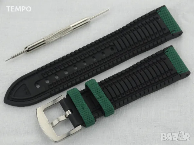 СИЛИКОНОВА КАИШКА ЗЕЛЕНА С БЯЛ ШЕВ- 22мм + ПОДАРЪК, снимка 5 - Каишки за часовници - 48451554