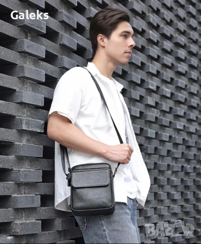 Мъжка компактна кожена чантичка с капаче / Гланцова черна естествена кожа!, снимка 10 - Чанти - 53101729