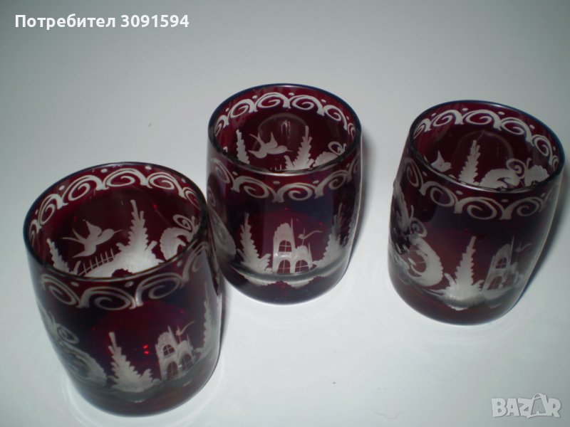 Три Стари кристални чаши червен кристал , снимка 1