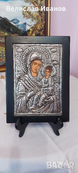 Стара гръцка икона на Богородица с Младенеца. Сребърна 950. Перфектно състояние., снимка 1