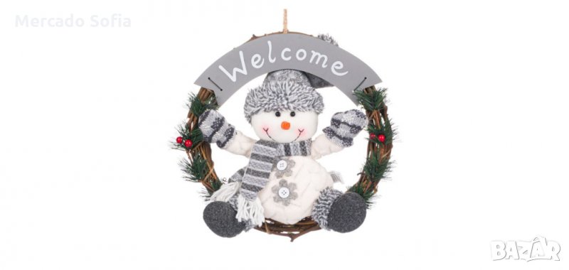 Коледен декоративен дървен венец, Снежен човек, сив , снимка 1