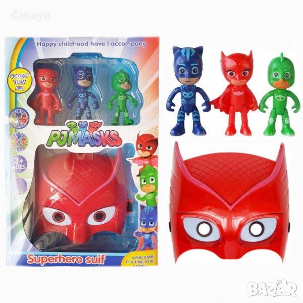 3400 Комплект светеща маска Pj Mask с 3 фигури Пи Джи, снимка 1