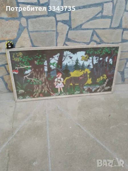 Стара картина,рамкиран кавьор, пано Червената шапчица и Вълкът., снимка 1