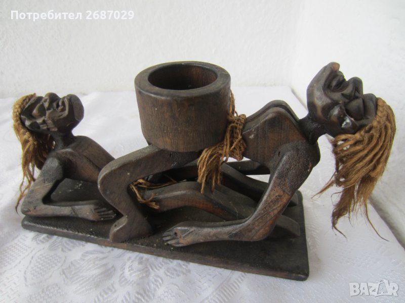 негри 25 см дълга композиция от дърво с дървен съд, жена керамика моливник, пепелник, снимка 1