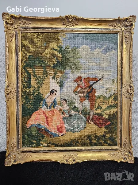 Голям старинен гоблен с рамка 56/48, снимка 1