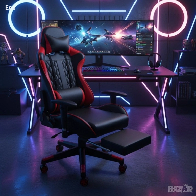 Ергономичен геймърски стол с функция за масаж и подложка за крака - червен, снимка 1
