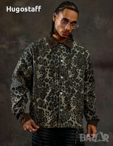 Ново мъжко дънково яке риза зелено леопард камуфлажно деним памук ХХЛ, снимка 5 - Якета - 52443789