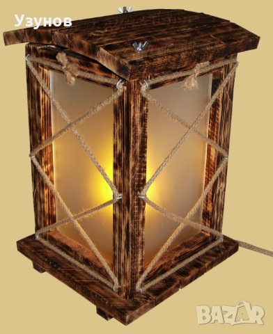 Уникална ръчно изработена дървена лампа "Фенер" за механа в битов/винтидж стил, снимка 2 - Настолни лампи - 28047482