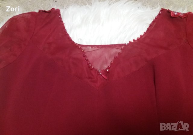 РАЗКОШНА! ВПЕЧАТЛЯВАЩА! УНИКАЛНА червена рокля по тялото с тюл, дантела и камъчета по нея, снимка 10 - Рокли - 42999178