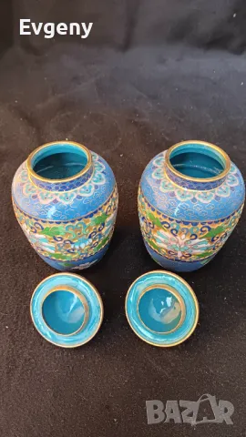 2 красиви вази емайл клоазон височина 15 см, снимка 3 - Вази - 49878589