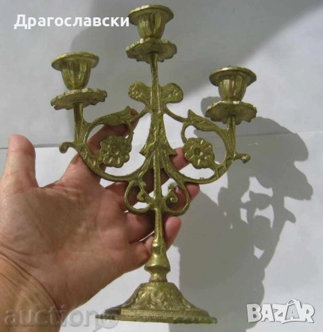 Свещници: Стар еврейски свещник Израел бронз патина, канделабра, морско конче елха, снимка 8 - Други ценни предмети - 28874045