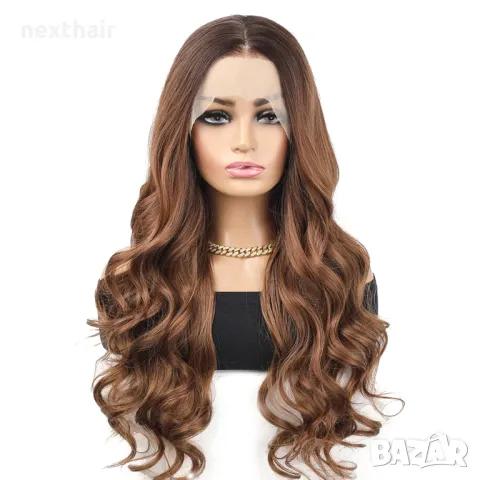 Светло кафява вълнообразна омбре перука с тъмни корени с дантела 13×4 Lace Front Wig, снимка 1