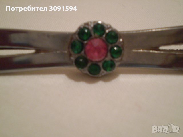 старинна дамска брошка тип игла зелено розово и безцветно стъкло, снимка 9 - Антикварни и старинни предмети - 35218357