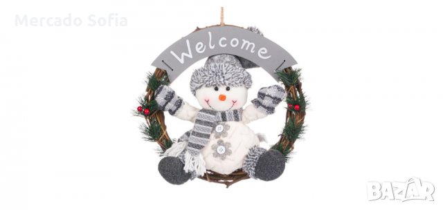 Коледен декоративен дървен венец, Снежен човек, сив 