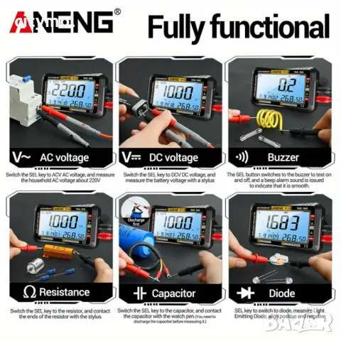 Автоматичен цифров мултицет ANENG 613, 4.5" дисплейAC/DC, ток, честота, съпротивление. С термохигром, снимка 4 - Други инструменти - 49673294