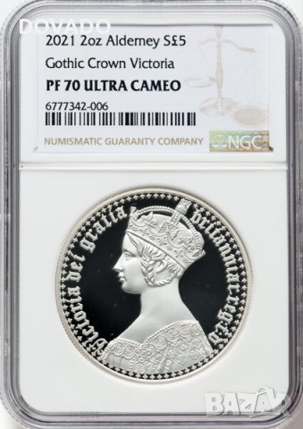 2022 Gothic Crown Victoria - Alderney - 2oz £5 - NGC PF70 - Сребърна Монета - от Great Engravers, снимка 1 - Нумизматика и бонистика - 43723952