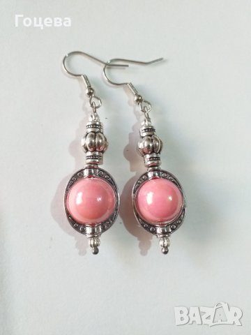 Красиви обици с розови перли и овална рамка цвят сребро , снимка 2 - Обеци - 33145593