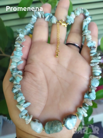 Комплект колие и пръстен от естествен Ларимар, снимка 4 - Колиета, медальони, синджири - 50701773