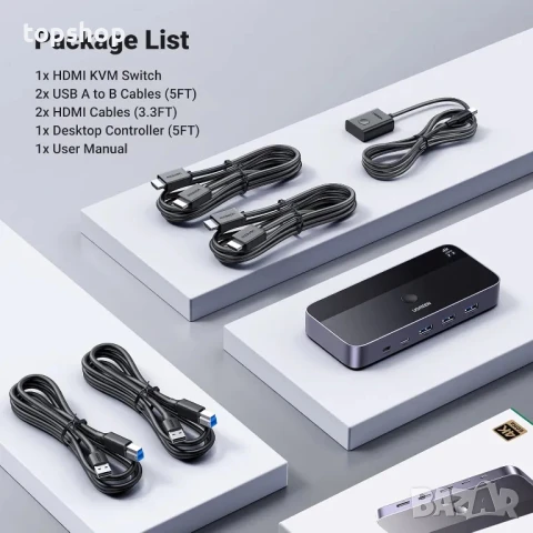НОВ UGREEN USB 3.0 HDMI KVM превключвател с 4 USB 3.0 порта 4K@60Hz, 2 HDMI кабела, 2 USB кабела..., снимка 5 - Кабели и адаптери - 50494996