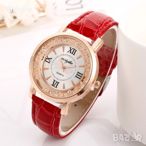 Дамски ръчен часовник с кръгъл циферблат с камъни и к. каишка. бял, червен, лилав, син, черен, розов, снимка 12 - Дамски - 52819449