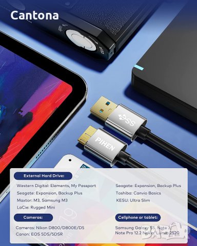 PIHEN Micro B към USB 3.0 кабел за данни и зареждане, алуминиеви глави, позлатени конектори - 150 см, снимка 3 - USB кабели - 40122359
