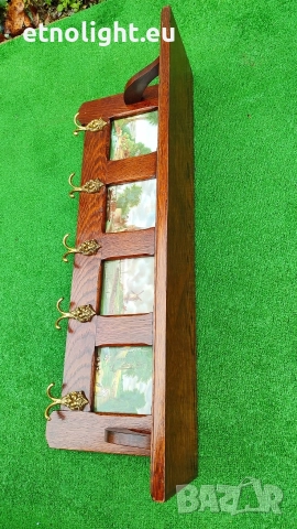 Уникална старинна масивна дъбова закачалка с рафт, двойни  окачвачи  и порцеланови плочки , снимка 3 - Закачалки - 52805960