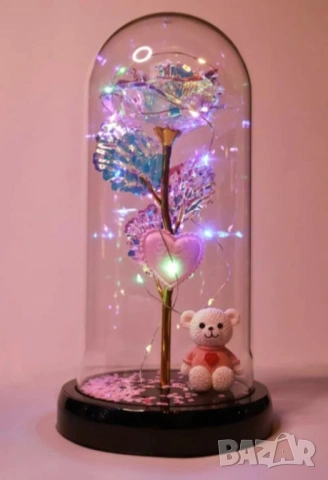 Романтична стъкленица с роза, мече и LED светлини, снимка 3 - Подаръци за жени - 53088326