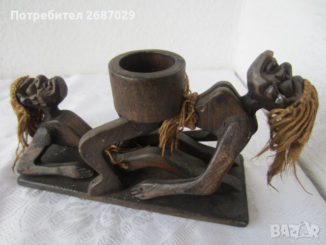 негри 25 см дълга композиция от дърво с дървен съд, жена керамика моливник, пепелник, снимка 1