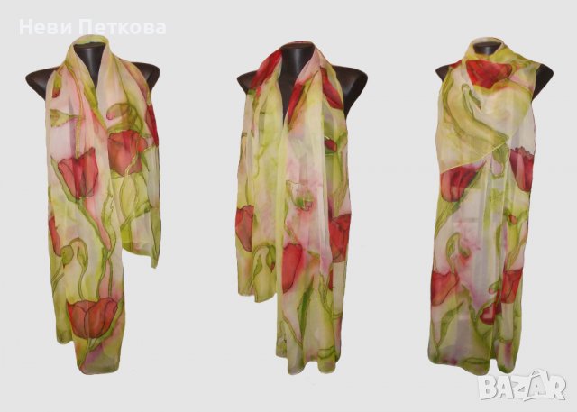 Рисуван копринен шал МАКОВЕ