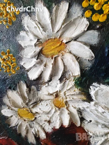 70х60см/голяма стара картина масло върху платно/натюрморт ваза с цветя/маргаритки/дървена рамка, снимка 8 - Картини - 51357434