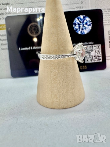 Сребърен пръстен с мойсанит (диамант) 1 карат , снимка 3 - Пръстени - 51534557