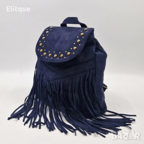 Велурена дамска раница с ресни и метални нитове – бохо стил и практичност, снимка 12 - Чанти - 52459500