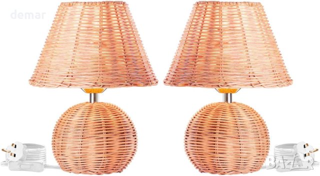 Екологична ратанова настолна лампа, ръчно плетен абажур, Е14, 2 броя, снимка 1 - Настолни лампи - 42937325