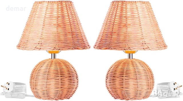 Екологична ратанова настолна лампа, ръчно плетен абажур, Е14, 2 броя