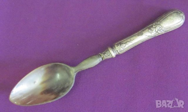 19 век Рогова Лъжица за Сервиране със сребърна дръжка