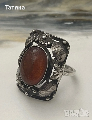 Рядък винтидж сребърен пръстен с кехлибар, Georg Kramer, 835, Fischland , снимка 3 - Пръстени - 53147629