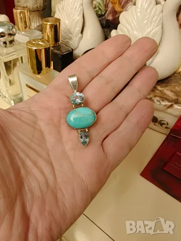 Авторска сребърна висулка с естествени тюркоаз и аквамарин , снимка 2 - Колиета, медальони, синджири - 47895971