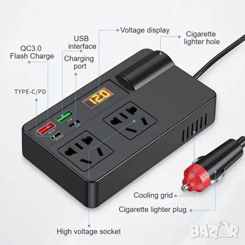 Инвертор преобразувател от 12/24 V на 220 V, 200W ,цифров дисплей, 4 x USB, Type C, QC 3.0 30W, изхо