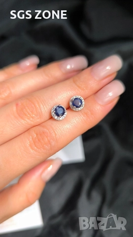 Сребърни обеци със син сапфир, снимка 5 - Обеци - 52871633