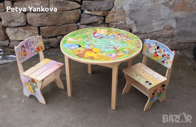 детска дървена рисувана маса с 2 стола, снимка 6 - Мебели за детската стая - 19579536