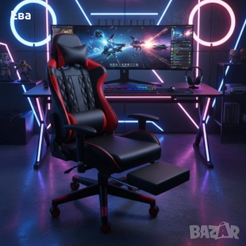 Ергономичен геймърски стол с функция за масаж и подложка за крака - червен