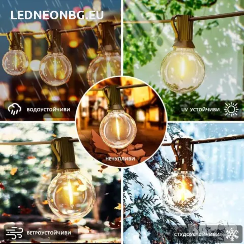  Декоративни Гирлянди  със Сменяеми Прозрачни Топло Бели LED филамент лампички Е12, снимка 3 - Външни лампи - 46523420
