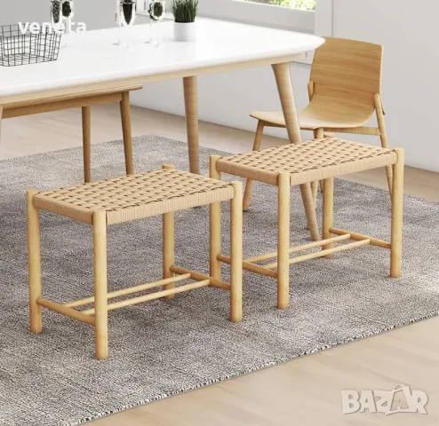 2 бр. Кухненски трапезарен комплект 18" с плетена седалка от хартиено въже Каучукова дървена рамка, снимка 2 - Столове - 48644248