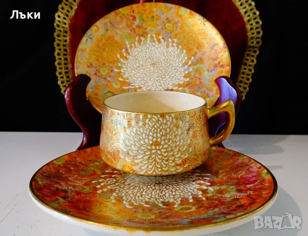 Чаша с чинии японски порцелан Satsuma Shosan Meiji,злато. , снимка 12 - Антикварни и старинни предмети - 53249715
