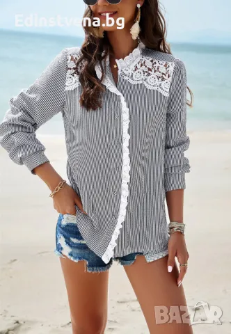 Дамска риза на райе в черно и бяло с бродирани детайли, снимка 1