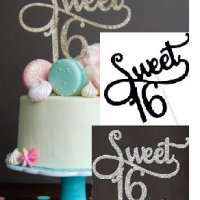 Sweet Sixteen Сладки 16 години мек златист сребрист черен брокатен топер украса табела за торта, снимка 1 - Други - 28174587