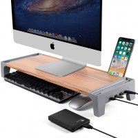 Дървена поставка за монитор / лаптоп, органайзер за съхранение на бюро с 4 USB порта
