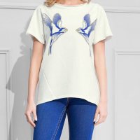 Памучна дамска блуза в екрю със син принт марка La Aurora, снимка 1 - Тениски - 31787718